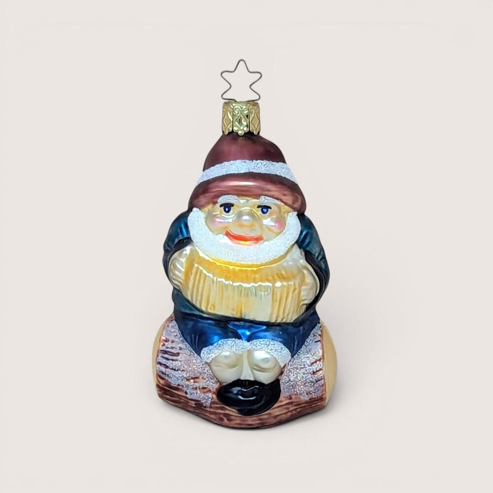 Vintage Old World Christmas Gnome on Log Ornament Inge-Glas Star Cap Boxed
